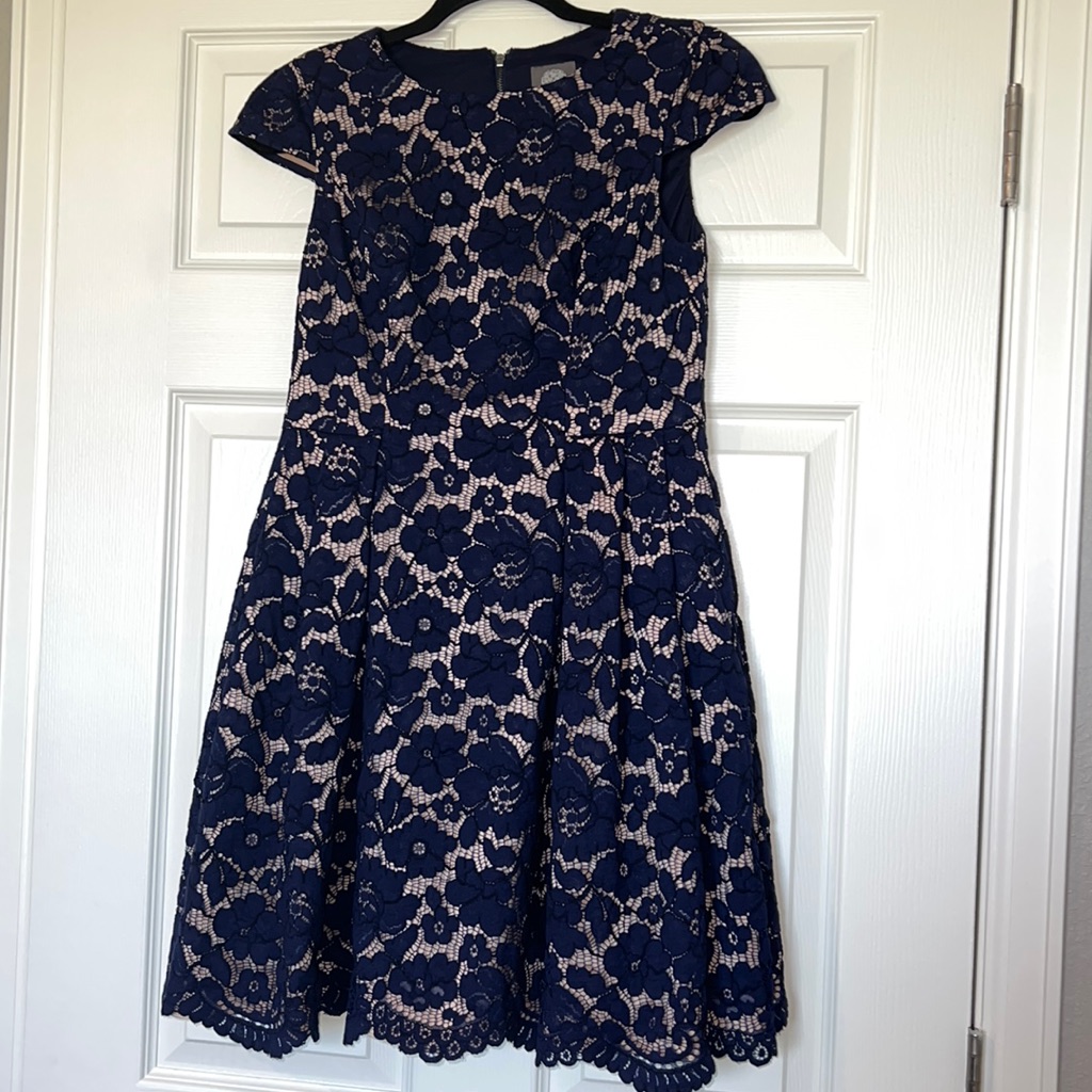 Vince Camuto Navy Blue Lace Nude Lined Overlay Fit & Flare Dress Size 4p